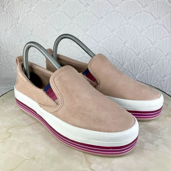 Sperry Shoes Womens 7 Pink Stripes Suede Crest Twin Gore Boat Platform Loafers - Picture 2 of 12